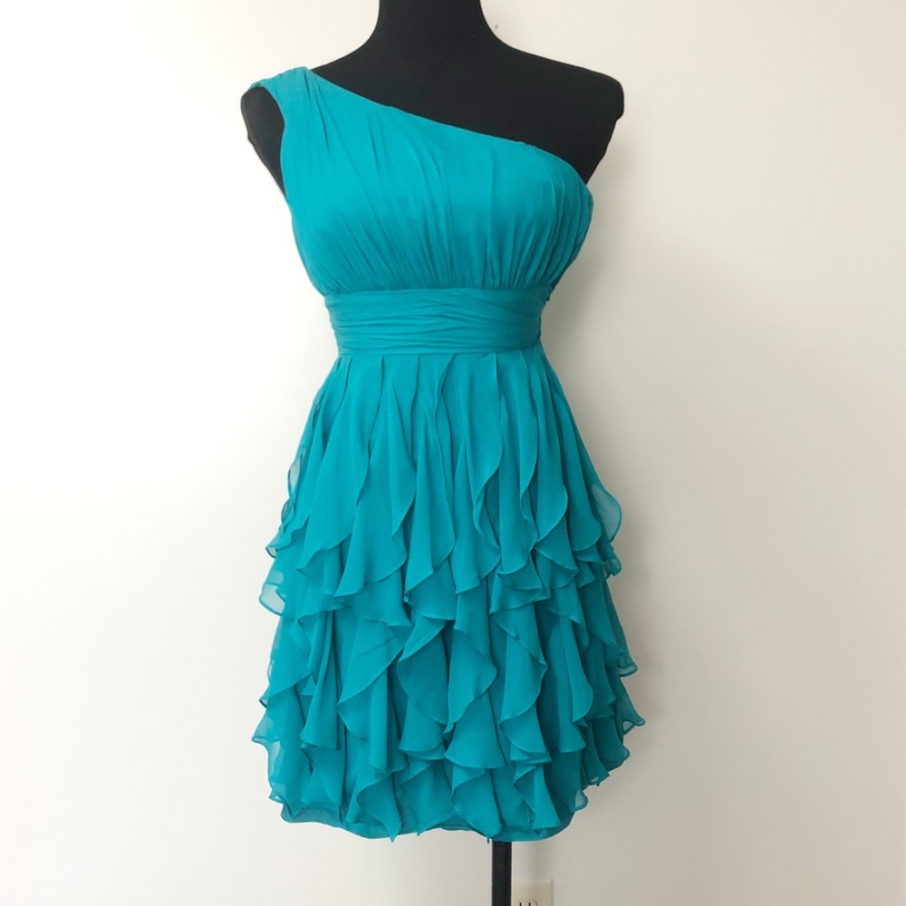 Tibi One Shoulder Teal Silk Chiffon Ruffle Dress 0